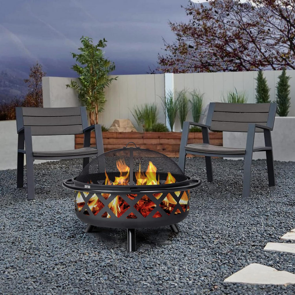SUNCREAT 42�� Patio Fire Pit Wood Burning with Mesh Spark Screen, Bonfire Outdoor firepit with Fireplace Poker, Black