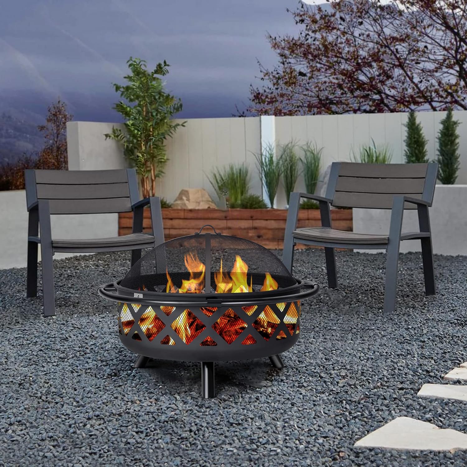 SUNCREAT 42�� Patio Fire Pit Wood Burning with Mesh Spark Screen, Bonfire Outdoor firepit with Fireplace Poker, Black