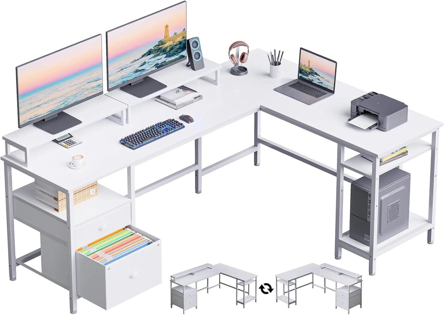 66�� L Shaped Desk with Power Outlet, Reversible Computer Gaming Desk with File Drawer & 2 Monitor Stands for Home Office with Storage Shelves, Rustic Brown