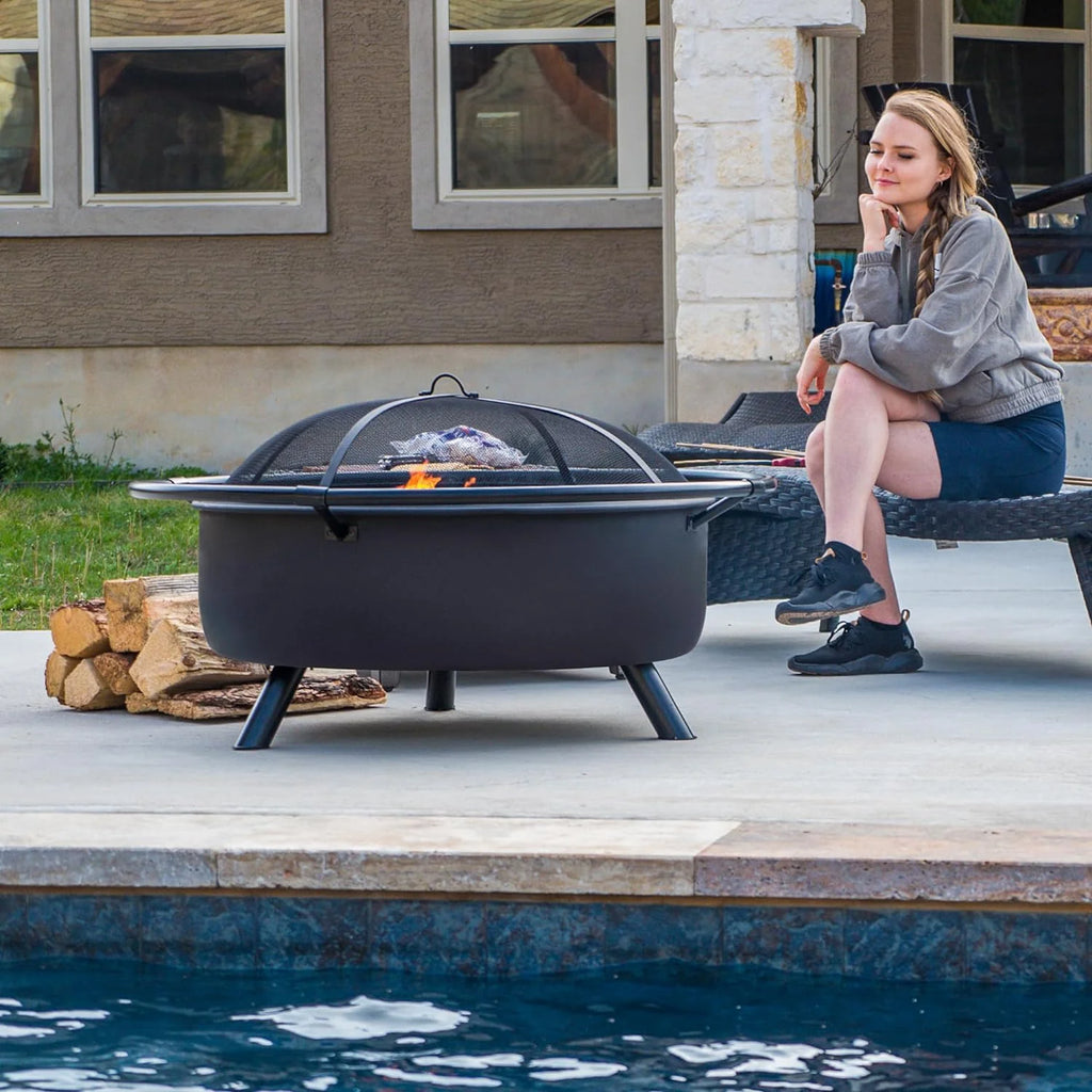 SUNCREAT 42�� Patio Fire Pit Wood Burning with Mesh Spark Screen, Bonfire Outdoor firepit with Fireplace Poker, Black