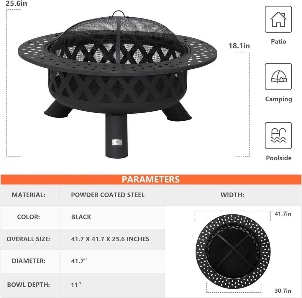 SUNCREAT 42�� Patio Fire Pit Wood Burning with Mesh Spark Screen, Bonfire Outdoor firepit with Fireplace Poker, Black