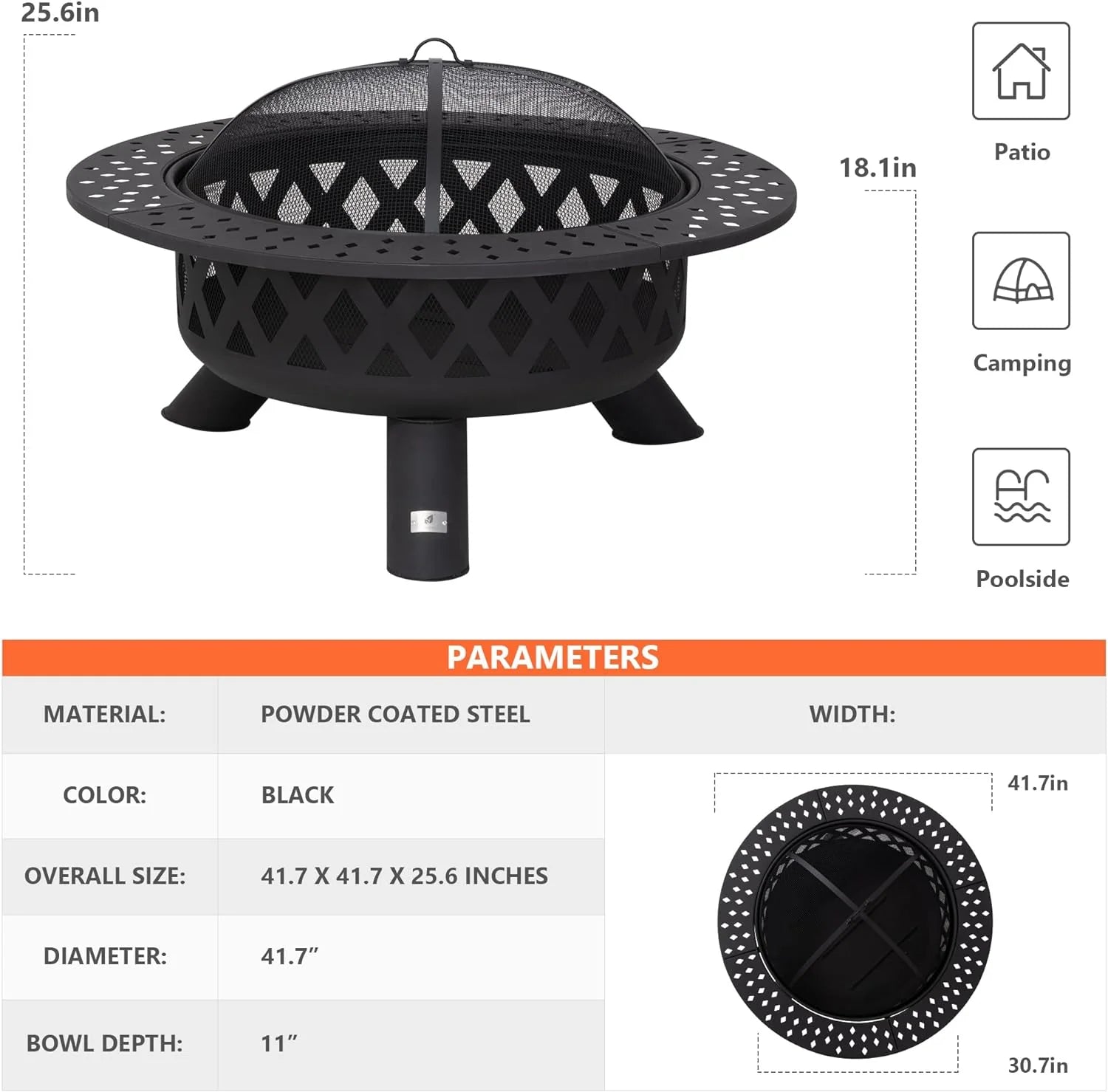 SUNCREAT 42�� Patio Fire Pit Wood Burning with Mesh Spark Screen, Bonfire Outdoor firepit with Fireplace Poker, Black