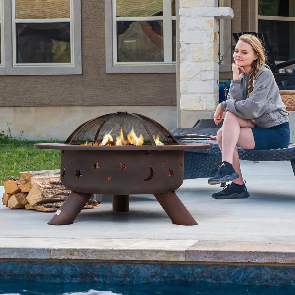 SUNCREAT 42�� Patio Fire Pit Wood Burning with Mesh Spark Screen, Bonfire Outdoor firepit with Fireplace Poker, Black