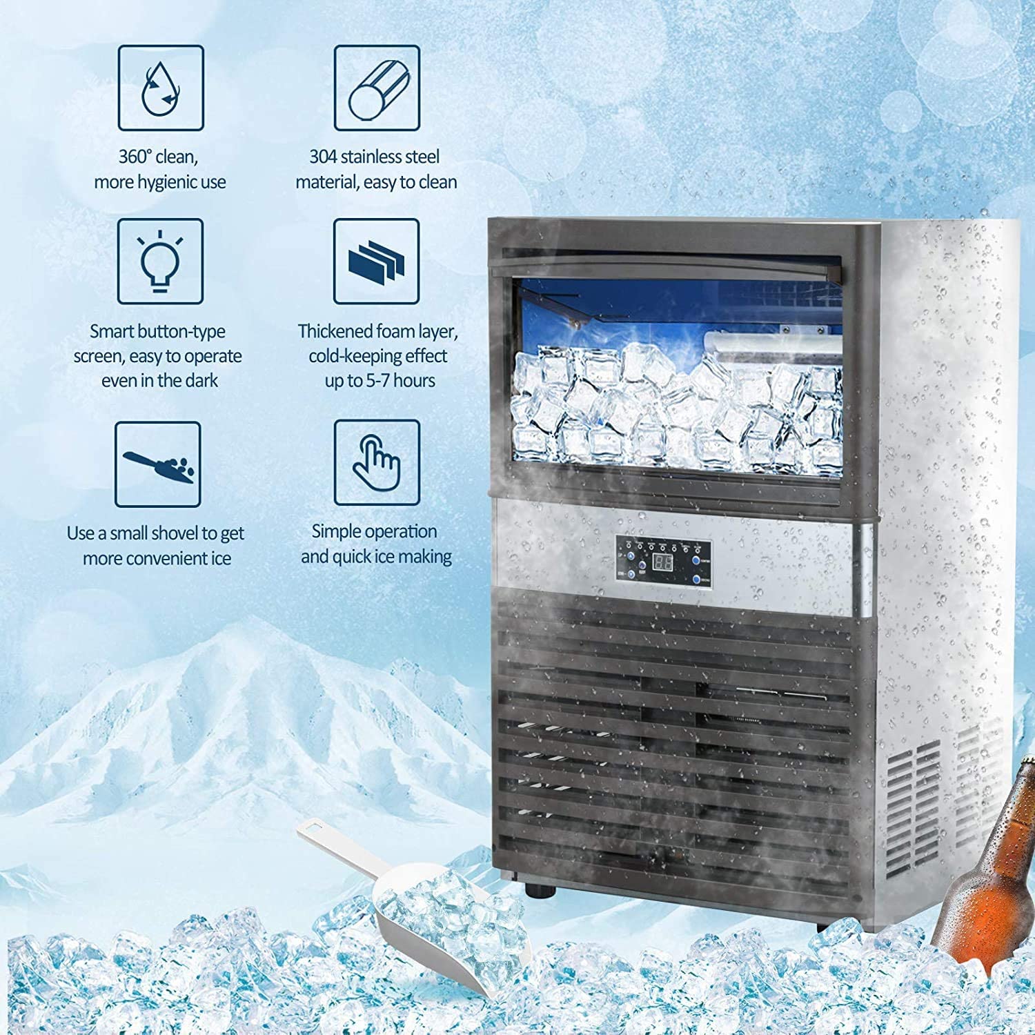Commercial Ice �� 110LBS/24H Stainless Steel Free-Standing Ice Machine Maker Air Cooling Ice