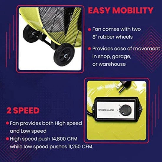 42�测�� Belt Drive Drum Fan; Industrial, Garage, Shop, High Speed 2-Speed, Durable, Cut-Off Protection, Easy Mobility Rubber Wheels; SAFETY YELLOW.