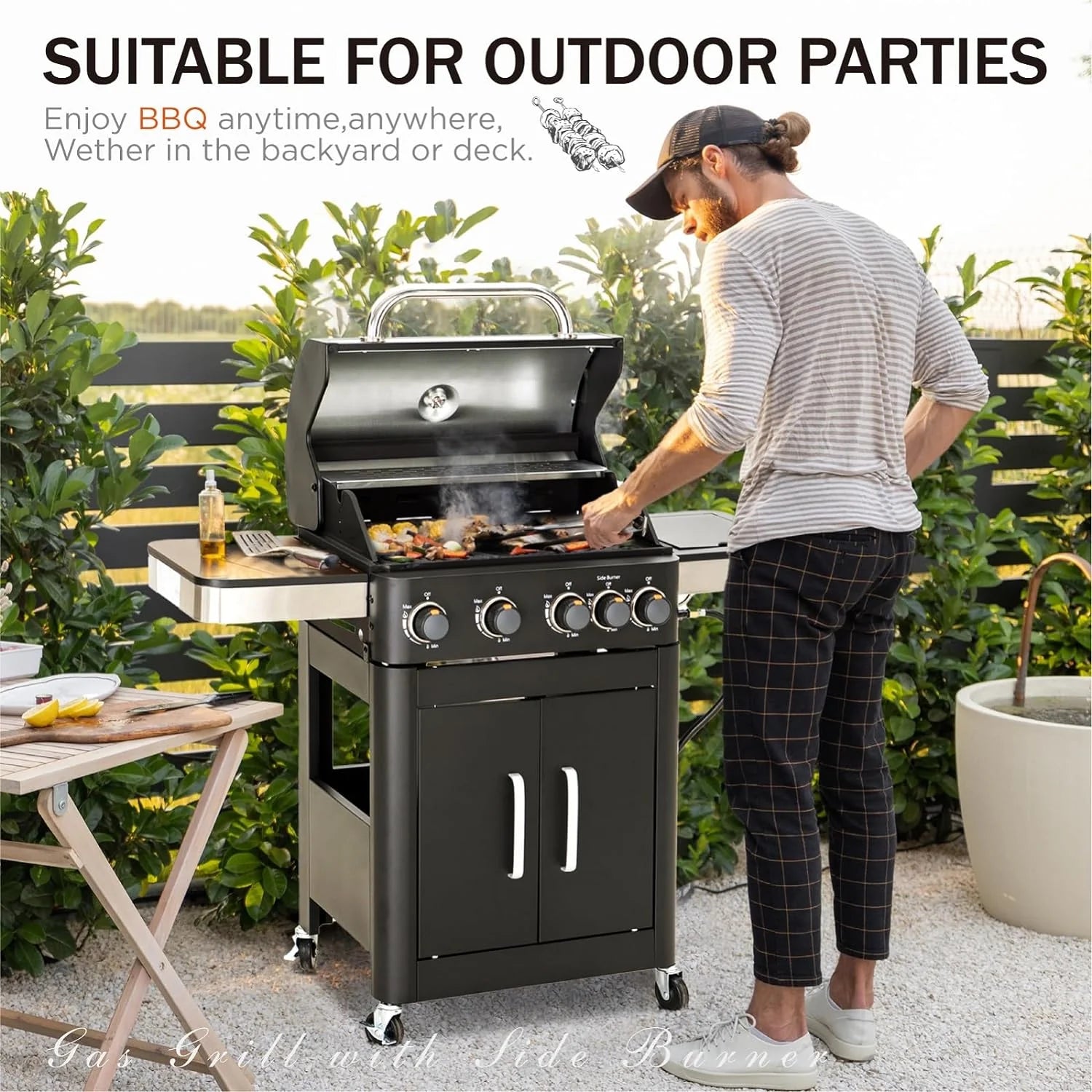 Burner Gas grill with side burner and enameled cast iron grille 42,000BTU outdoor cooking stainless steel propane grill Garden grill, silver