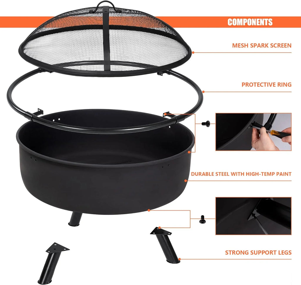 SUNCREAT 42�� Patio Fire Pit Wood Burning with Mesh Spark Screen, Bonfire Outdoor firepit with Fireplace Poker, Black