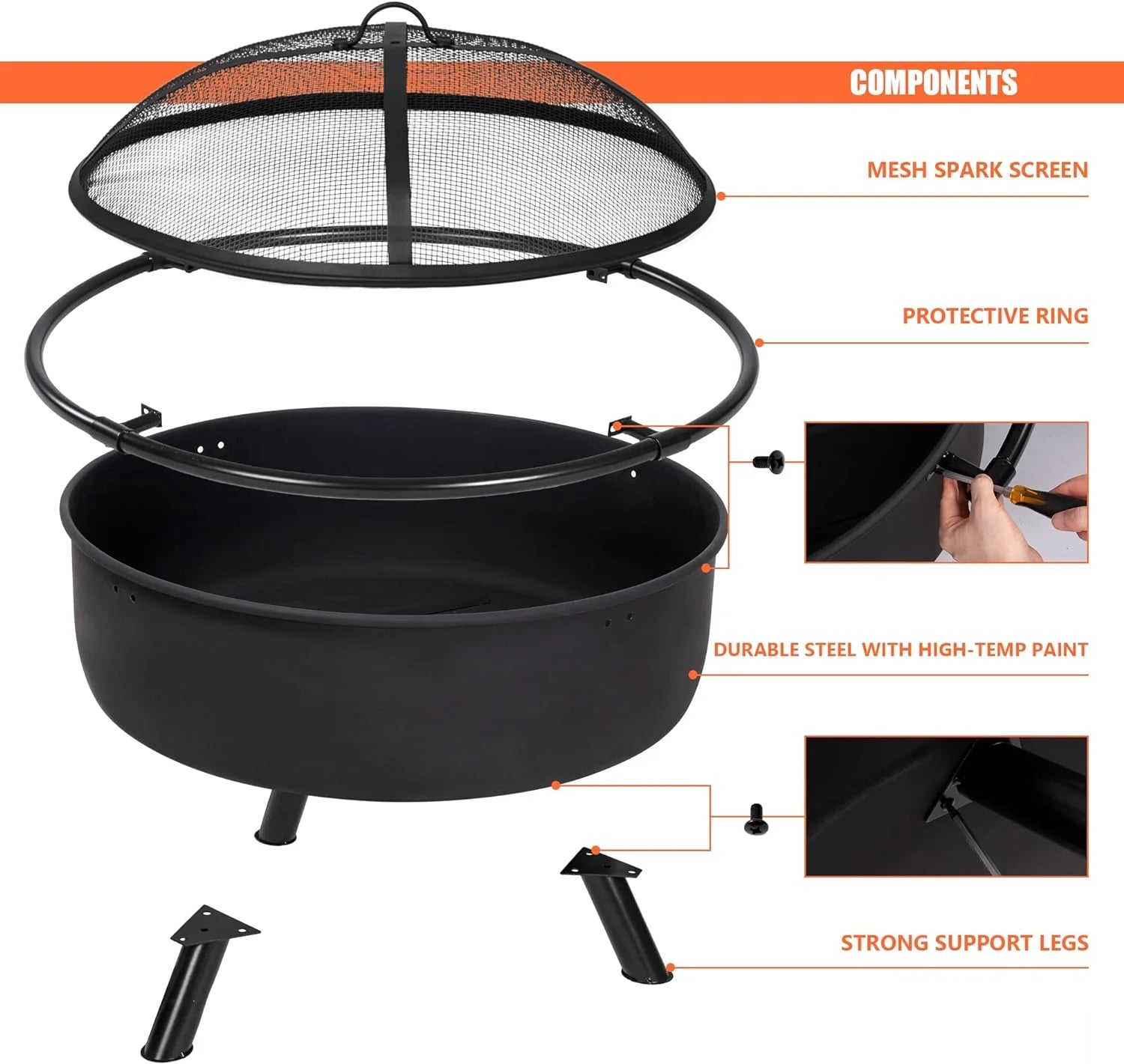 SUNCREAT 42�� Patio Fire Pit Wood Burning with Mesh Spark Screen, Bonfire Outdoor firepit with Fireplace Poker, Black