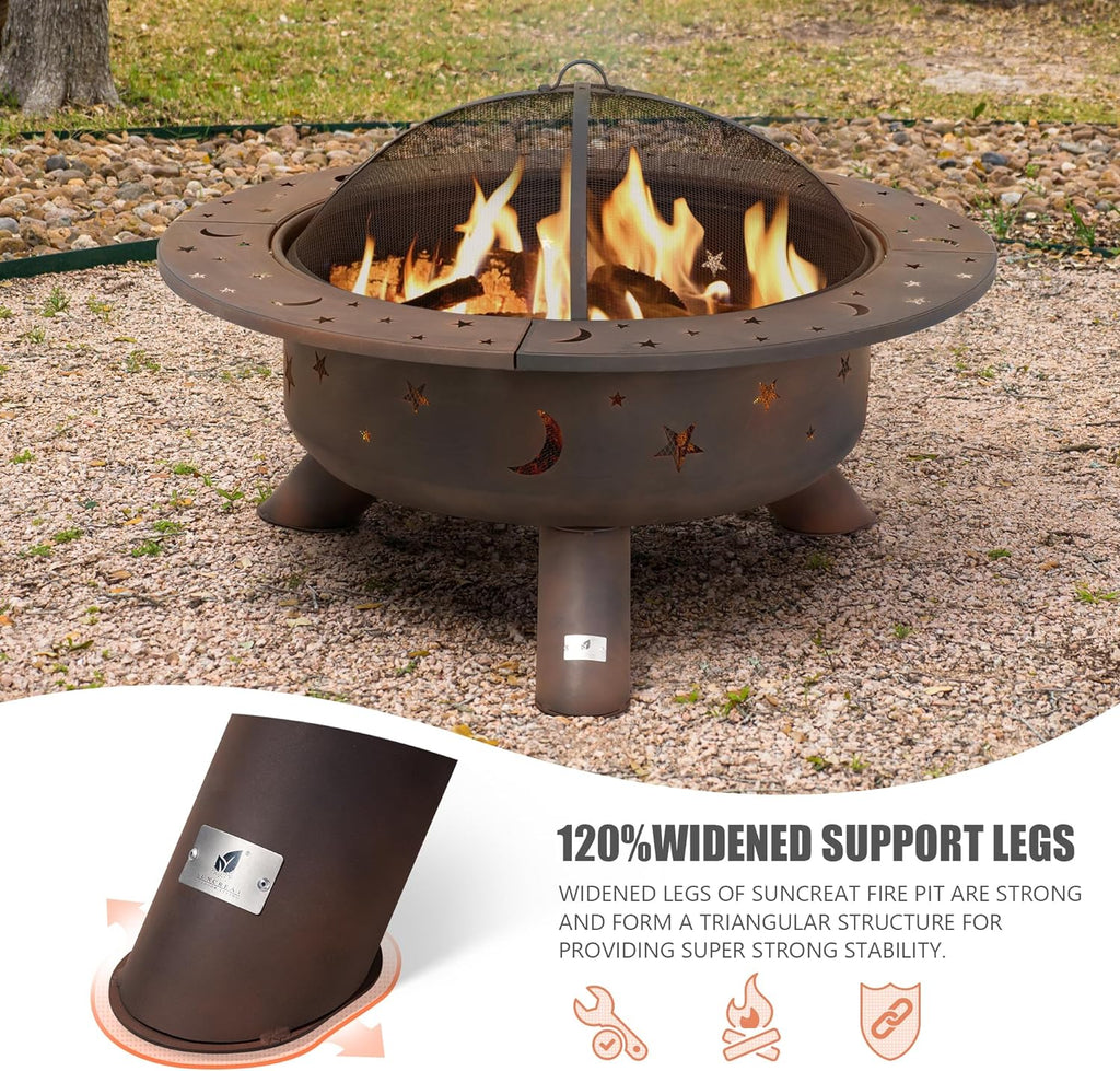 SUNCREAT 42�� Patio Fire Pit Wood Burning with Mesh Spark Screen, Bonfire Outdoor firepit with Fireplace Poker, Black