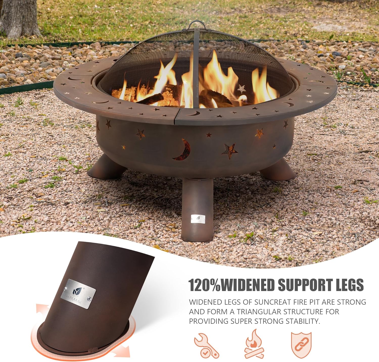 SUNCREAT 42�� Patio Fire Pit Wood Burning with Mesh Spark Screen, Bonfire Outdoor firepit with Fireplace Poker, Black