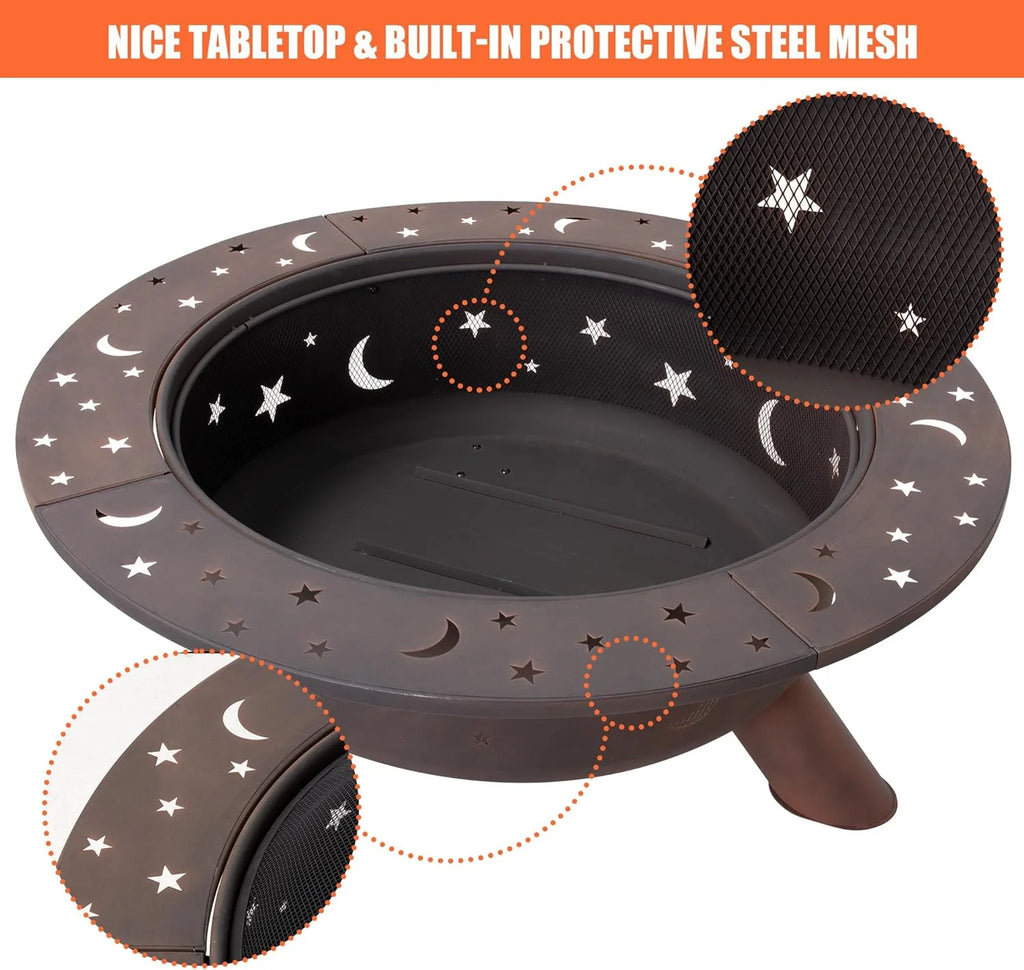 SUNCREAT 42�� Patio Fire Pit Wood Burning with Mesh Spark Screen, Bonfire Outdoor firepit with Fireplace Poker, Black