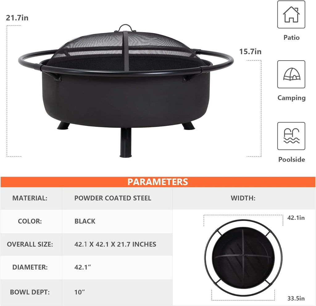 SUNCREAT 42�� Patio Fire Pit Wood Burning with Mesh Spark Screen, Bonfire Outdoor firepit with Fireplace Poker, Black