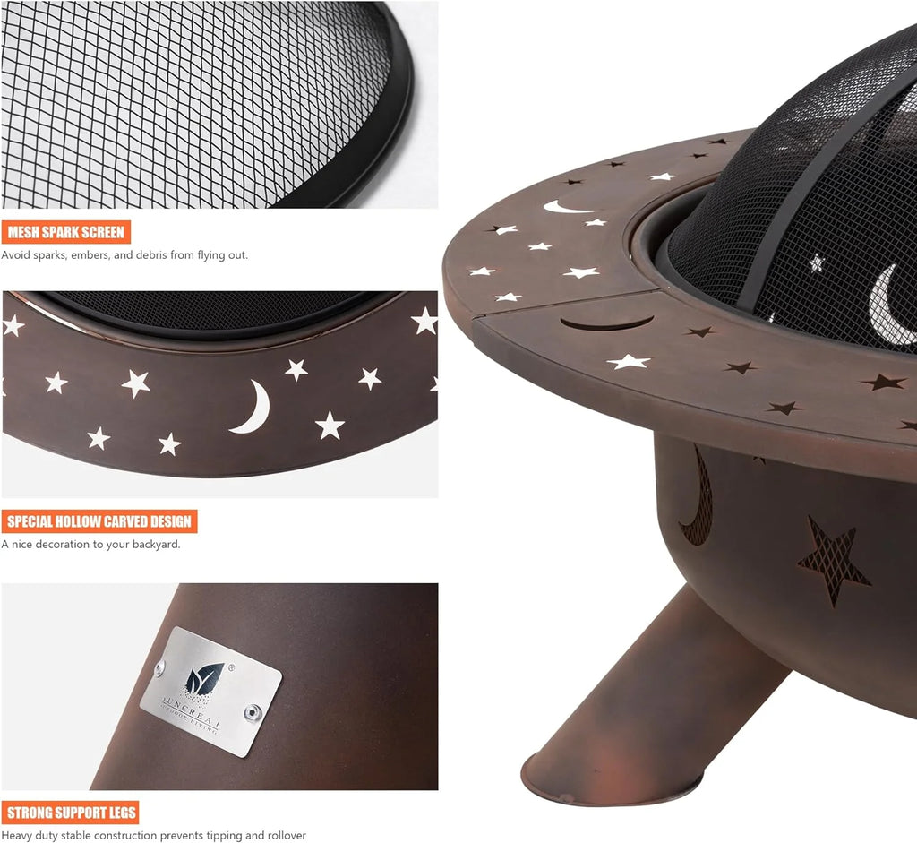 SUNCREAT 42�� Patio Fire Pit Wood Burning with Mesh Spark Screen, Bonfire Outdoor firepit with Fireplace Poker, Black