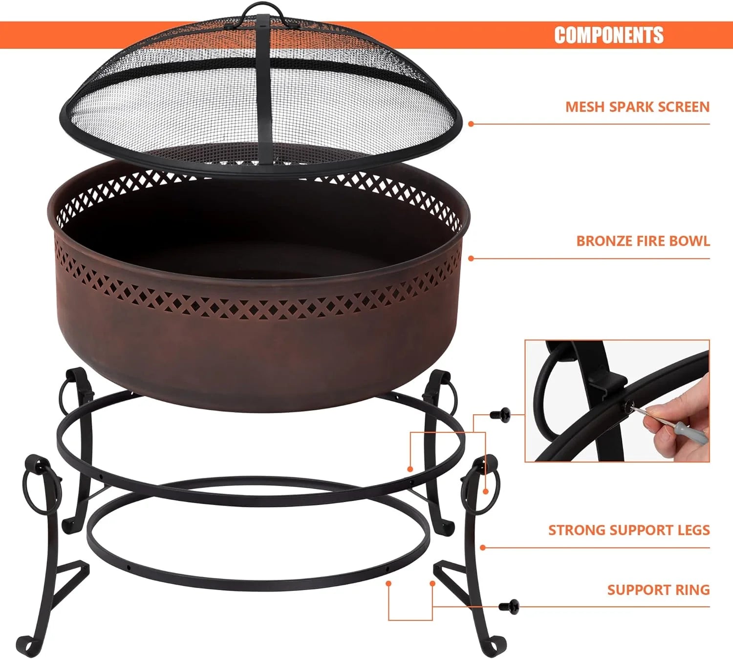 SUNCREAT 42�� Patio Fire Pit Wood Burning with Mesh Spark Screen, Bonfire Outdoor firepit with Fireplace Poker, Black
