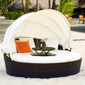 Outdoor daybed, rattan round daybed with sunshade canopy, patio set with cushions and adjustable coffee table, rattan patio furniture, suitable for backyard terraces, porches, and poolside (green color)