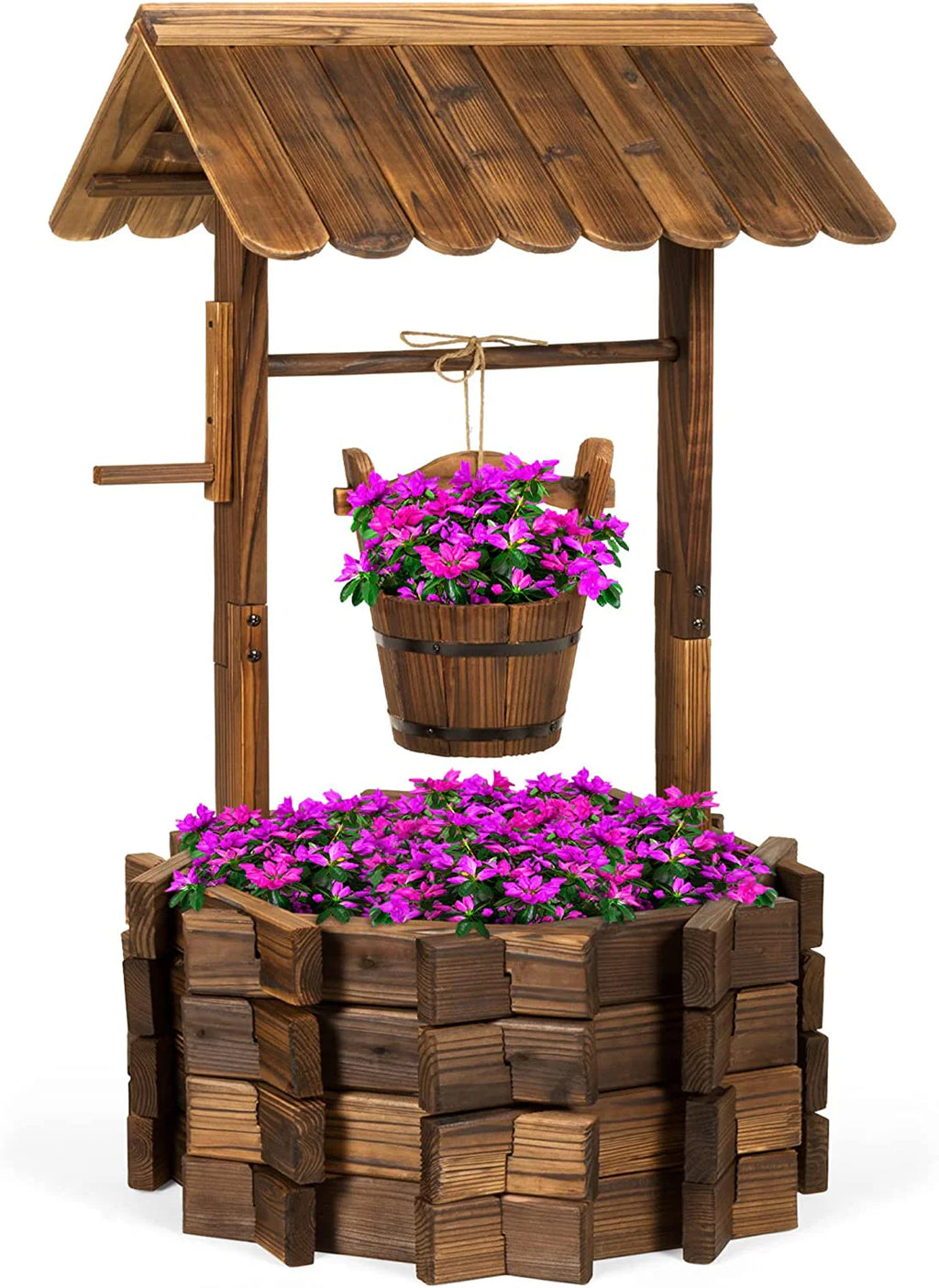 Best Choice Products Rustic Wooden Wishing Well Planter Outdoor Home D茅cor for Patio, Garden, Yard w/Hanging Bucket