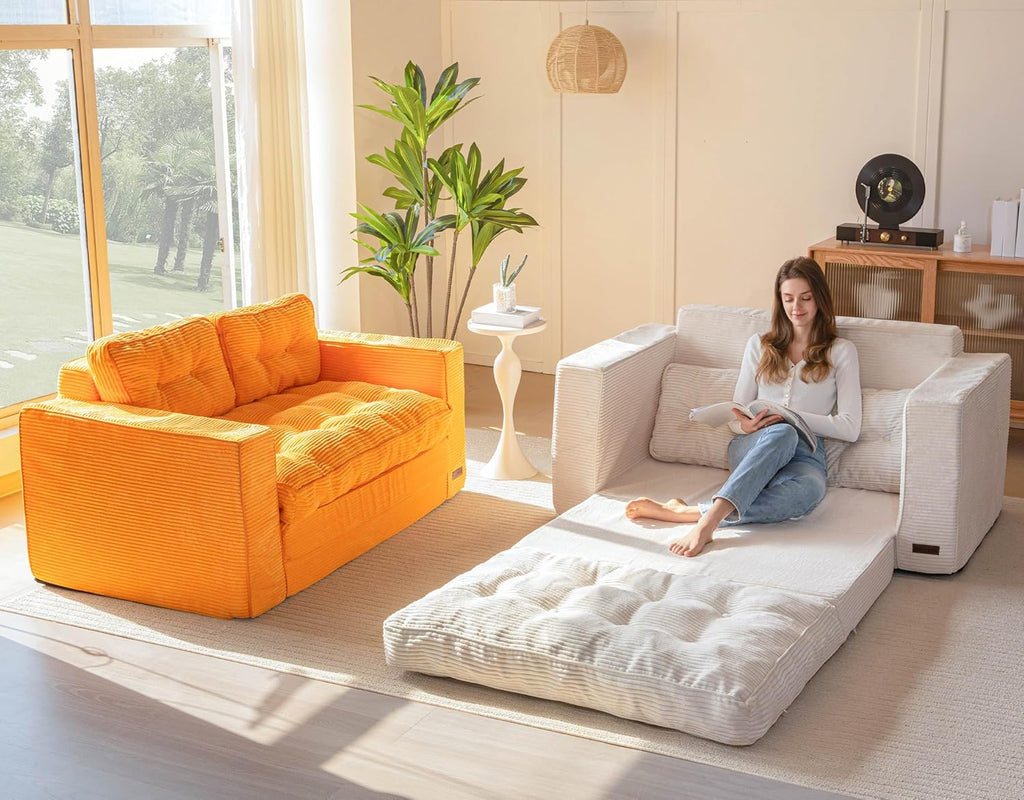 Convertible sofa bed, pull-out double rest sofa, two-in-one folding sofa bed for living room and bedroom, adult padded lounge chair, beige model