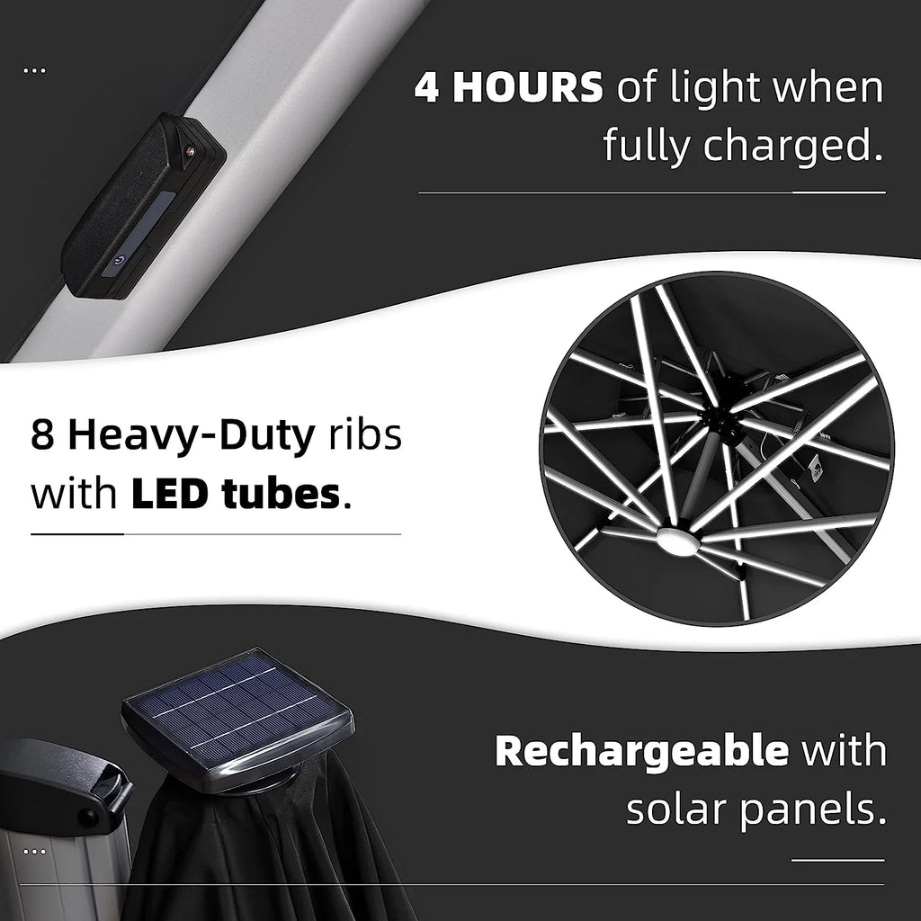 12ft Solar LED Patio Umbrella Outdoor Round Umbrella Large Cantilever Umbrella with LED Lights Windproof Bias Umbrella Heavy Duty Parasol for Garden Deck Pool Patio