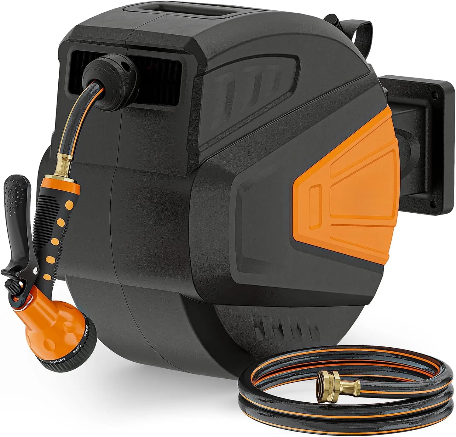 Retractable Garden Hose Reel,1/2 in x 100 ft Wall Mounted Hose Reel, with 9- Function Sprayer Nozzle, Any Length Lock/Slow Return System/Wall Mounted/180��Swivel Bracket (Grey)