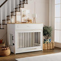 Wooden dog cage furniture, indoor kennel, with flip-up door, 360掳 rotating dog bowl and storage drawer, suitable for medium to large-sized dogs, durable dog cage, white.