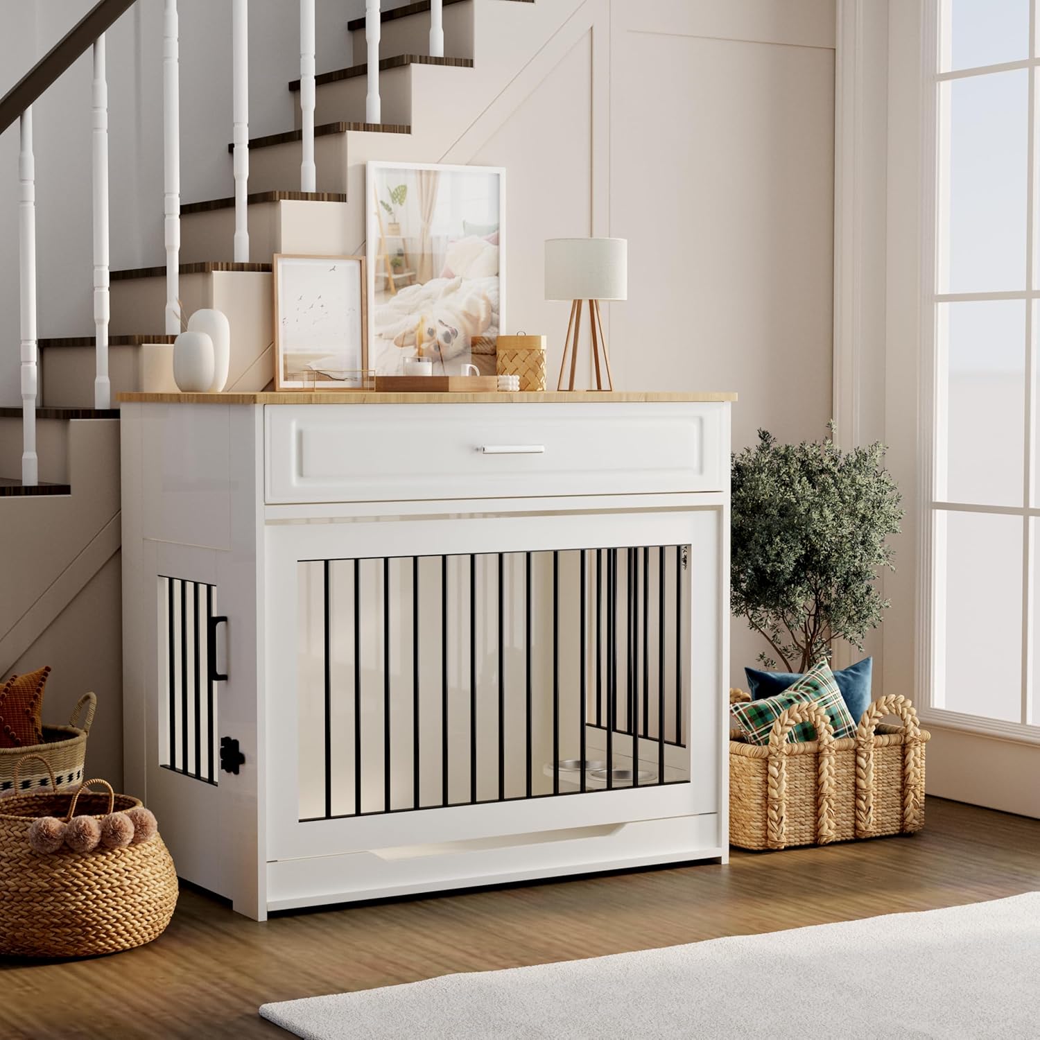 Wooden dog cage furniture, indoor kennel, with flip-up door, 360掳 rotating dog bowl and storage drawer, suitable for medium to large-sized dogs, durable dog cage, white.