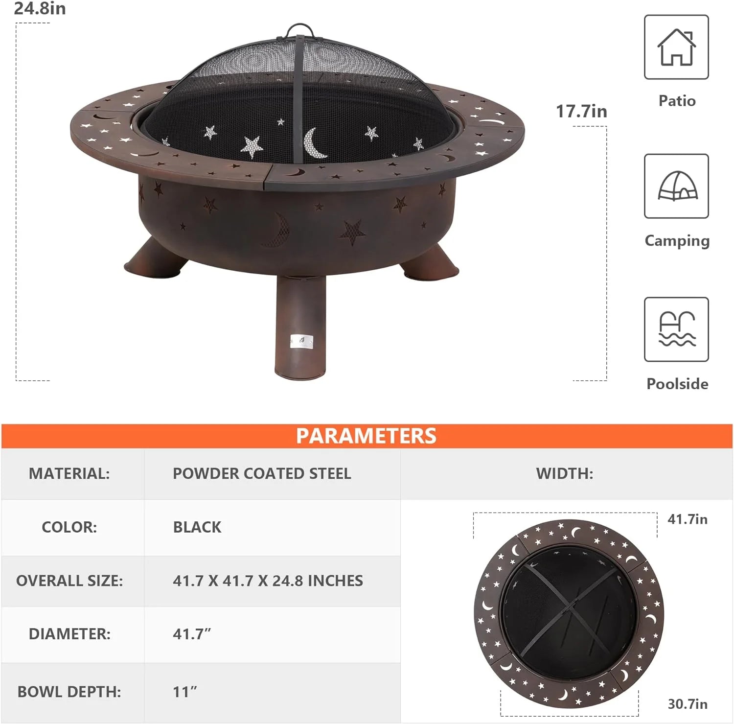 SUNCREAT 42�� Patio Fire Pit Wood Burning with Mesh Spark Screen, Bonfire Outdoor firepit with Fireplace Poker, Black