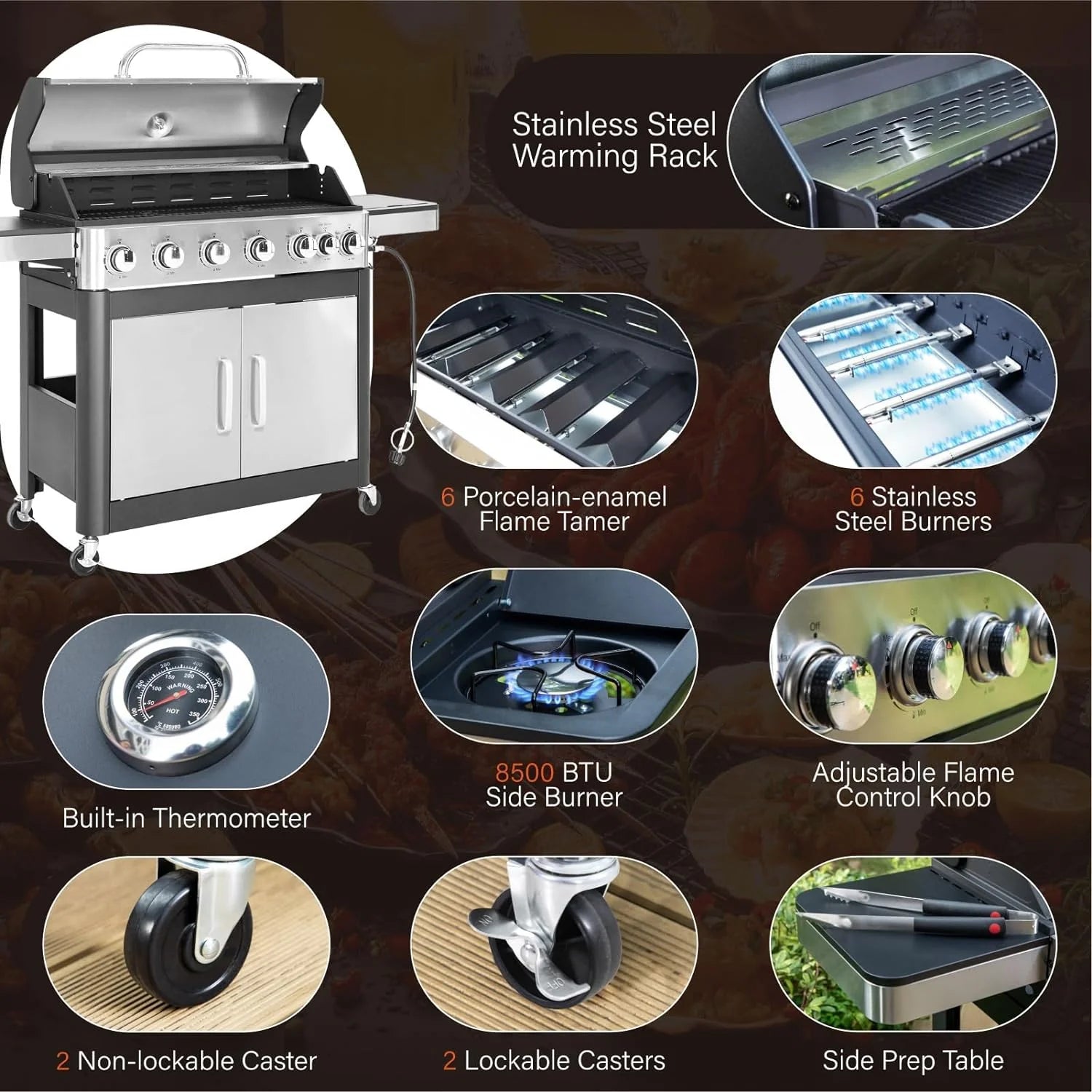 Burner Gas grill with side burner and enameled cast iron grille 42,000BTU outdoor cooking stainless steel propane grill Garden grill, silver