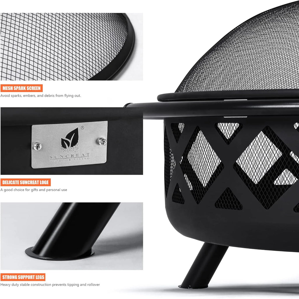 SUNCREAT 42�� Patio Fire Pit Wood Burning with Mesh Spark Screen, Bonfire Outdoor firepit with Fireplace Poker, Black