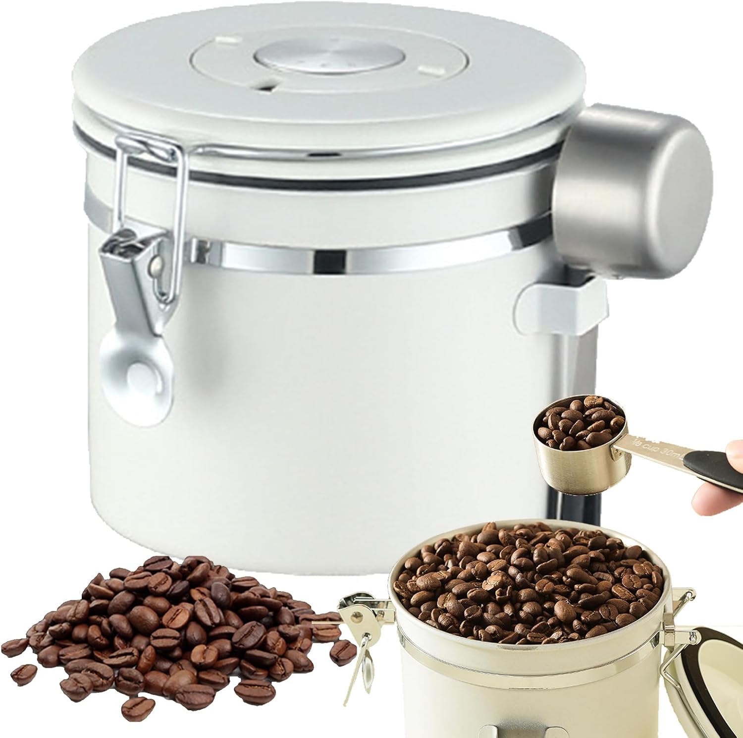 1.8 litre sealed coffee container, portable vacuum coffee storage container, stainless steel spoon with one-way exhaust valve, date tracker and coffee spoon, suitable for coffee shop accessories, coffee beans, tea.