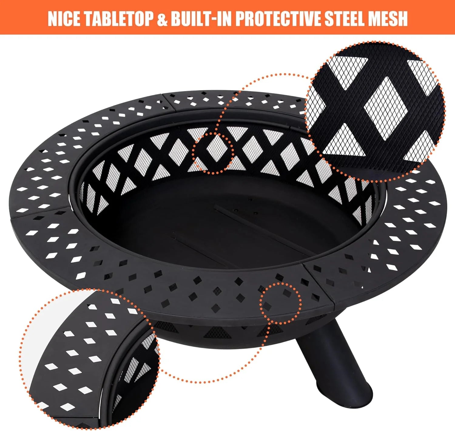 SUNCREAT 42�� Patio Fire Pit Wood Burning with Mesh Spark Screen, Bonfire Outdoor firepit with Fireplace Poker, Black