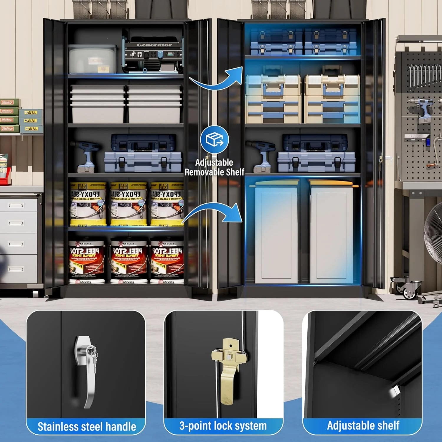 Greenvelly Metal Storage Cabinet, 72" Black Locking Metal Cabinet with 2 Doors and 4 Adjustable Shelves, Lockable Garage Storage Cabinets for Home Office, Garage, Kitchen, Living Room
