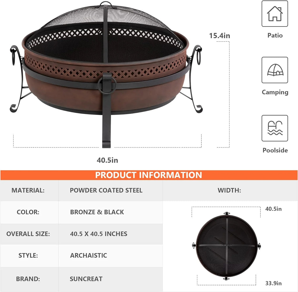 SUNCREAT 42�� Patio Fire Pit Wood Burning with Mesh Spark Screen, Bonfire Outdoor firepit with Fireplace Poker, Black