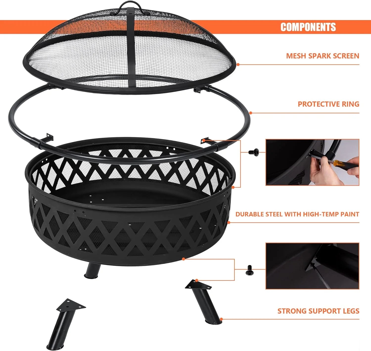 SUNCREAT 42�� Patio Fire Pit Wood Burning with Mesh Spark Screen, Bonfire Outdoor firepit with Fireplace Poker, Black