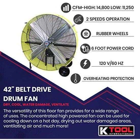 42�测�� Belt Drive Drum Fan; Industrial, Garage, Shop, High Speed 2-Speed, Durable, Cut-Off Protection, Easy Mobility Rubber Wheels; SAFETY YELLOW.