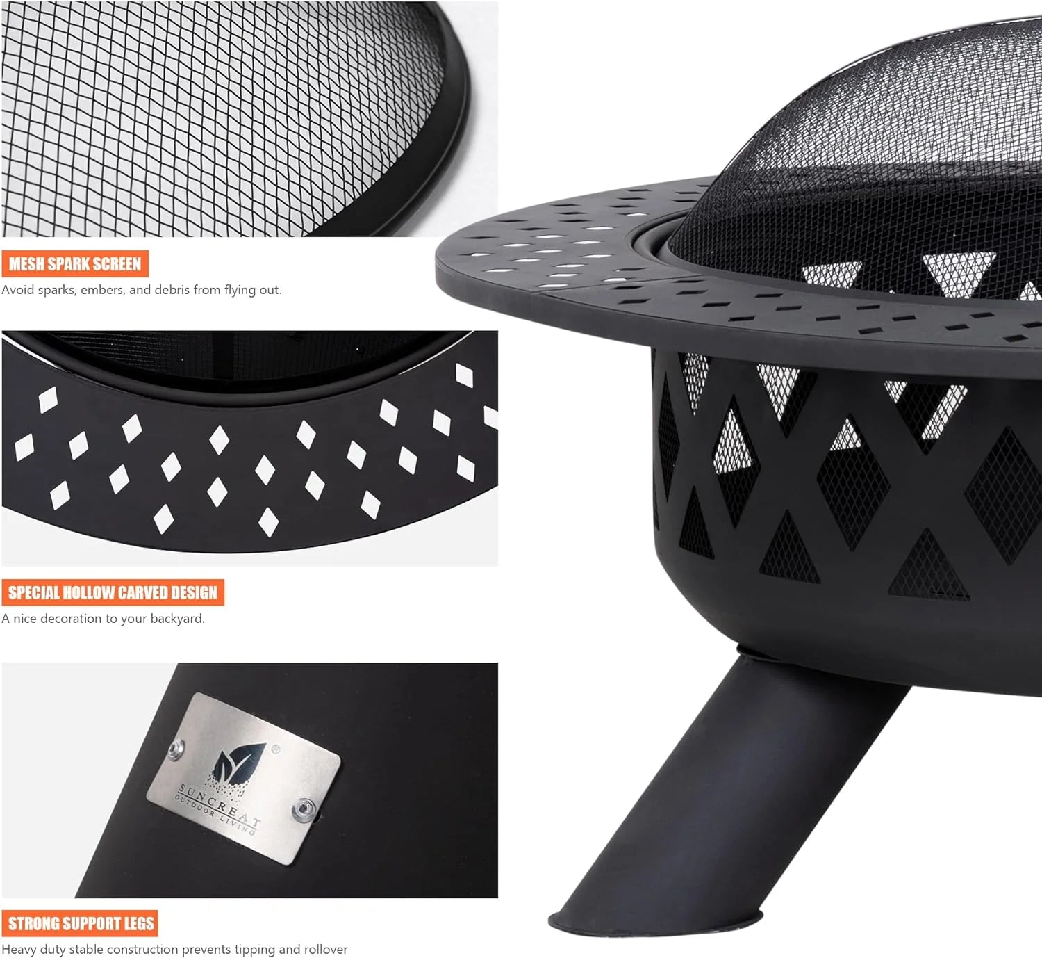 SUNCREAT 42�� Patio Fire Pit Wood Burning with Mesh Spark Screen, Bonfire Outdoor firepit with Fireplace Poker, Black